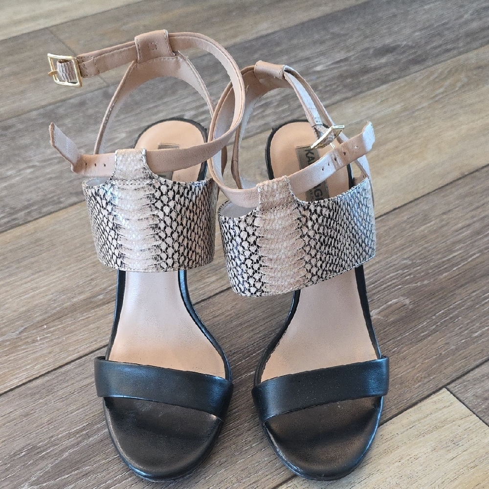 Karl Lagerfeld Black and Tan Snakeskin Sandals